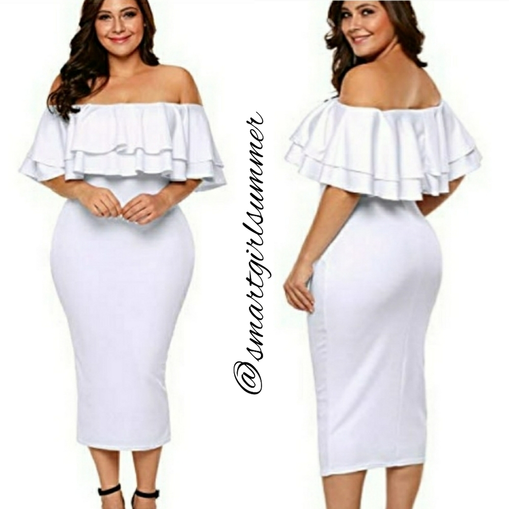 🆕⭐Plus size white Bardot ruffle pencil dress